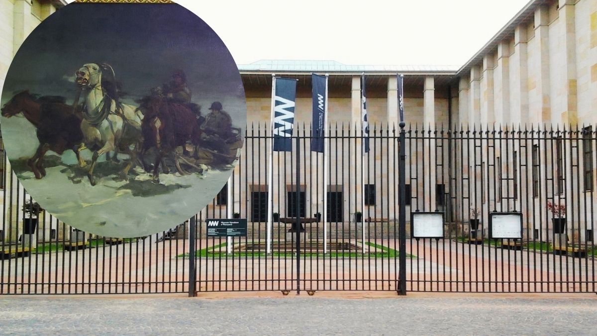 National Museum in Warsaw with an inset of Alfred Wierusz-Kowalski’s Winter – Napoleon’s Retreat from Moscow